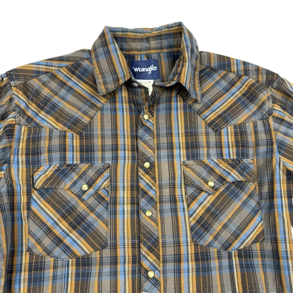 Vintage WRANGLER Western Shirt Men's Medium Brown Plaid Snap Front Double Pocket